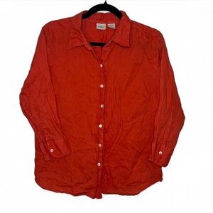 LL Bean Orange 100% Linen Button Down Shirt Women’s L Lightweight Casual